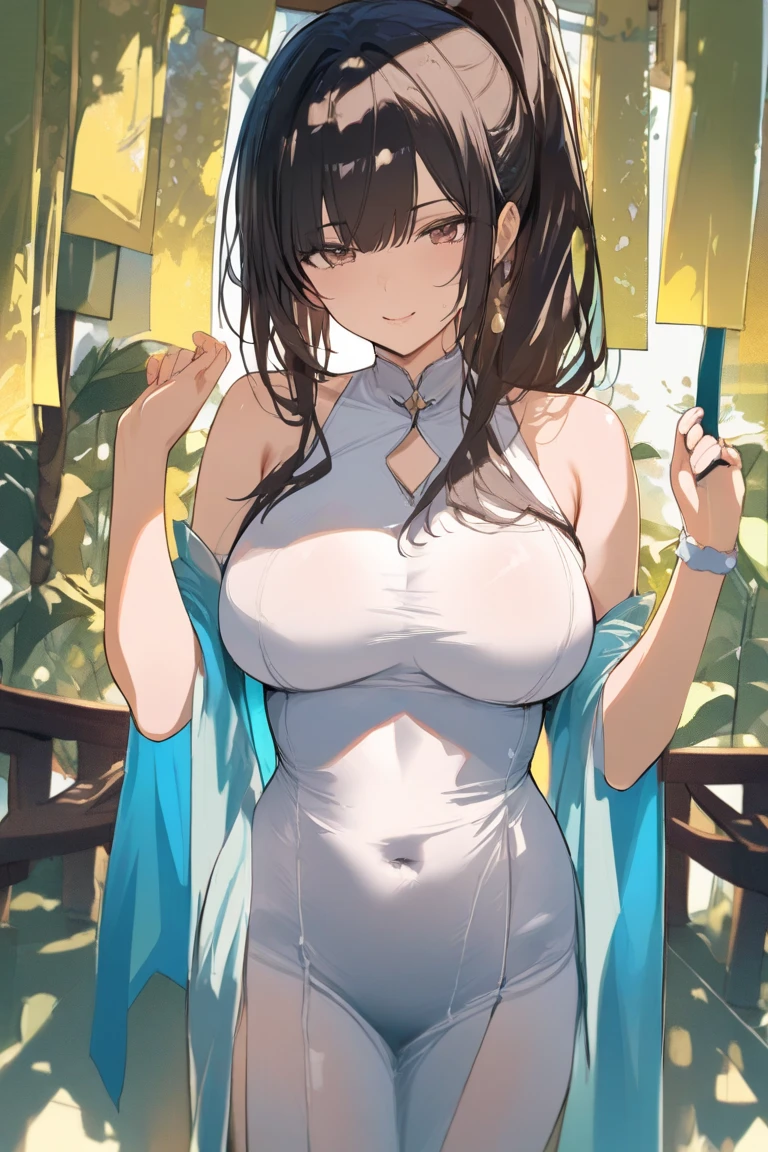 1 young girl, 独奏, White polo shirt, White sneakers, nakeness
, white mini-skirt, tmasterpiece, Best quality at best, realisticlying, ultra - detailed, (shiny skins, perspired:1.4), absurderes, looking at viewert, with short black hair, with brown eye,slenderness,Dynamic light and shadow,A high resolution,Sharp focus,depth of fields,The eyes are delicate,Sharp pupils,pupil realistic,(Bigchest:1.6),(Thigh thick:1.0), Raised sexy，In the foreground of graphic art、Kauai has women performing traditional dances。She wears floral ornaments and straw robes.Her expression was bright and happy.、The dance movements are also elegant and elegant。She dances，It's like celebrating Kauai's nature and culture。 Graphic art background、You can see the Wyallaire Hills。The area near the summit is covered by thick clouds.、It has an air of mystery。Lush vegetation and waterfalls can be seen on the mountainside。Pure、There are rainbows in the sky.、Other names for Kauai「Garden Island」It expresses abundant nature。