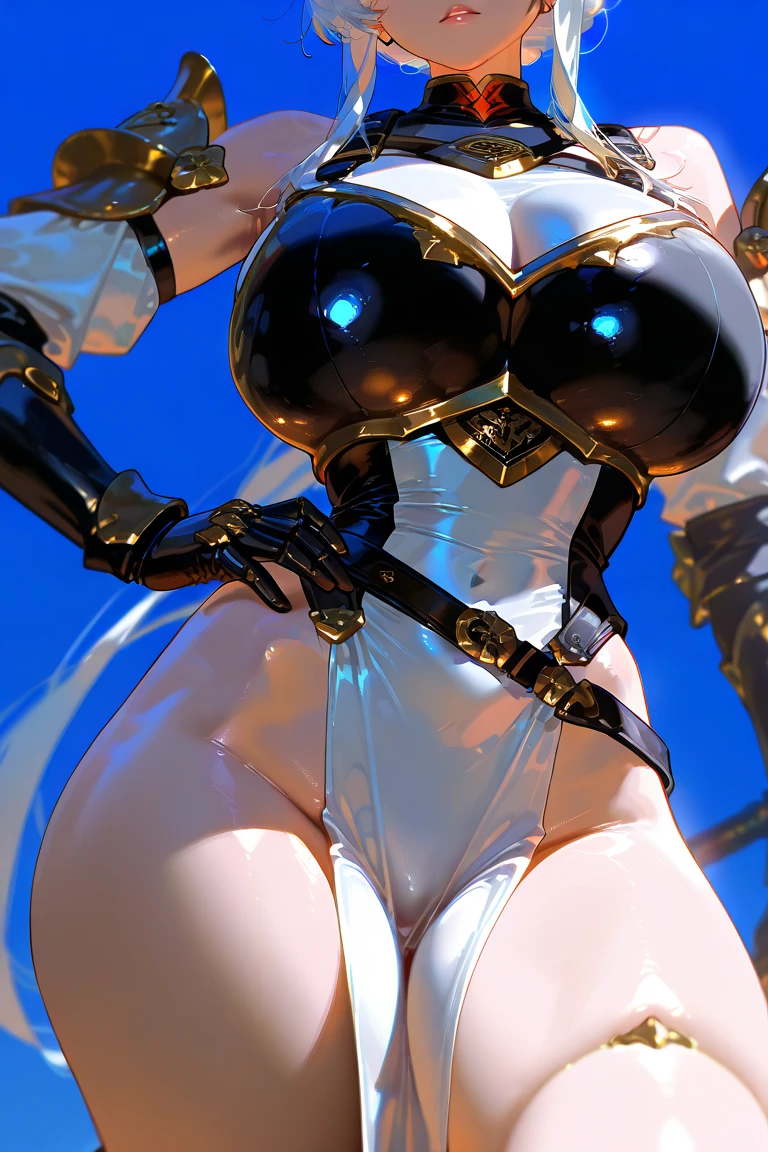 (8k, masterpiece, best quality), ultra-detailed, detailed beautiful round eyes, beautifully detailed face, high quality, high resolution, mecha girl wearing sexy outfit, massive breast, (see-through dress:1.2), mecha, ruins, perfect boobs, perfect face, nighttime, short white hair, small blue moon background, varied poses