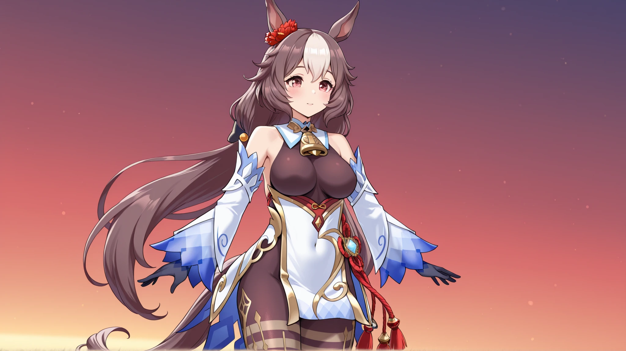 yamanin zephyr（Uma Musume）, Uma Musume, solo, [top quality], [Super beautiful CG], [Highly Detailed CG], [Super Detailed], [CG illustration], [high resolution], [extremely delicate and beautiful],  very detailed skin, Medium Breasts,  genshin ganyu cosplay, ganyu (genshin impact) (cosplay), gloves, bare shoulders, detached sleeves, black gloves, bell, bodysuit, neck bell, black bodysuit, vision (genshin impact), bodystocking, cowbell, chinese knot, covered navel, pelvic curtain, long flowing horse tail, 