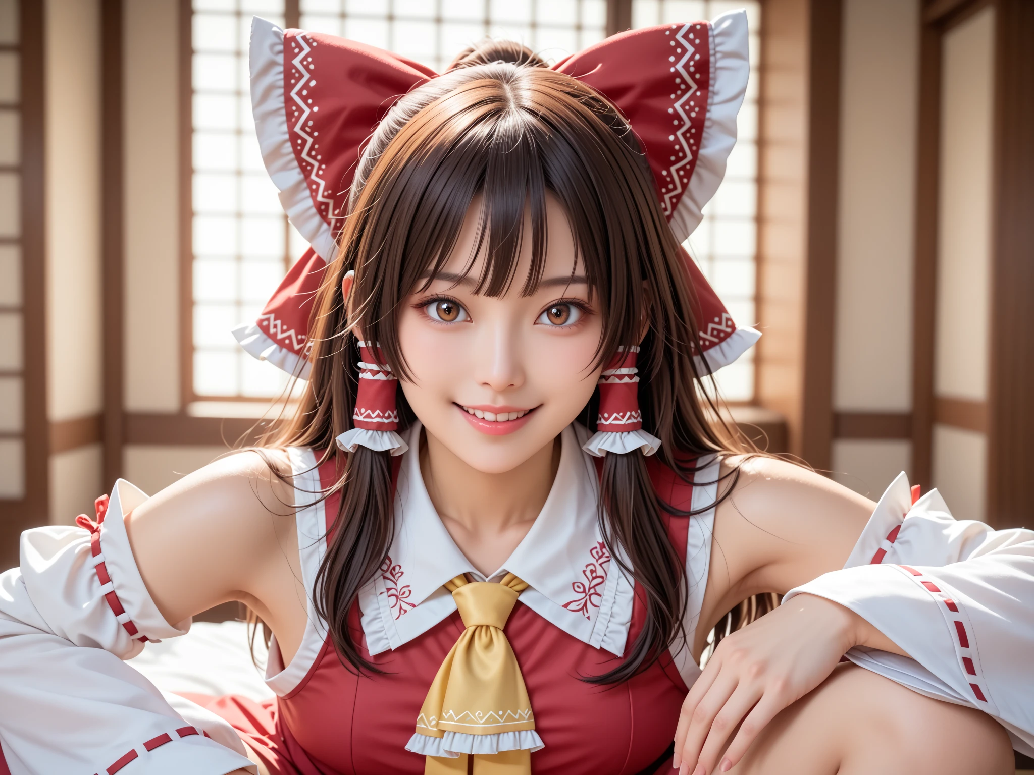 a young woman (larged-size-chest) cosplaying. She has large, fluffy brown and white fox ears, and her hair is short, brown with hints of red, and styled in a slightly messy way that frames her face. Her eyes green color. She wears an intricate costume featuring a mix of red, white, and brown, with golden accents and ornate patterns. The top part of her outfit exposes her shoulders, and a red ribbon ties around her neck. She holds a fan or similar object in her hand, which is partially obscured by her costume. The background consists of a traditional wooden room with large windows, soft lighting, and some decorative elements like wooden furniture and plants. The overall atmosphere is warm