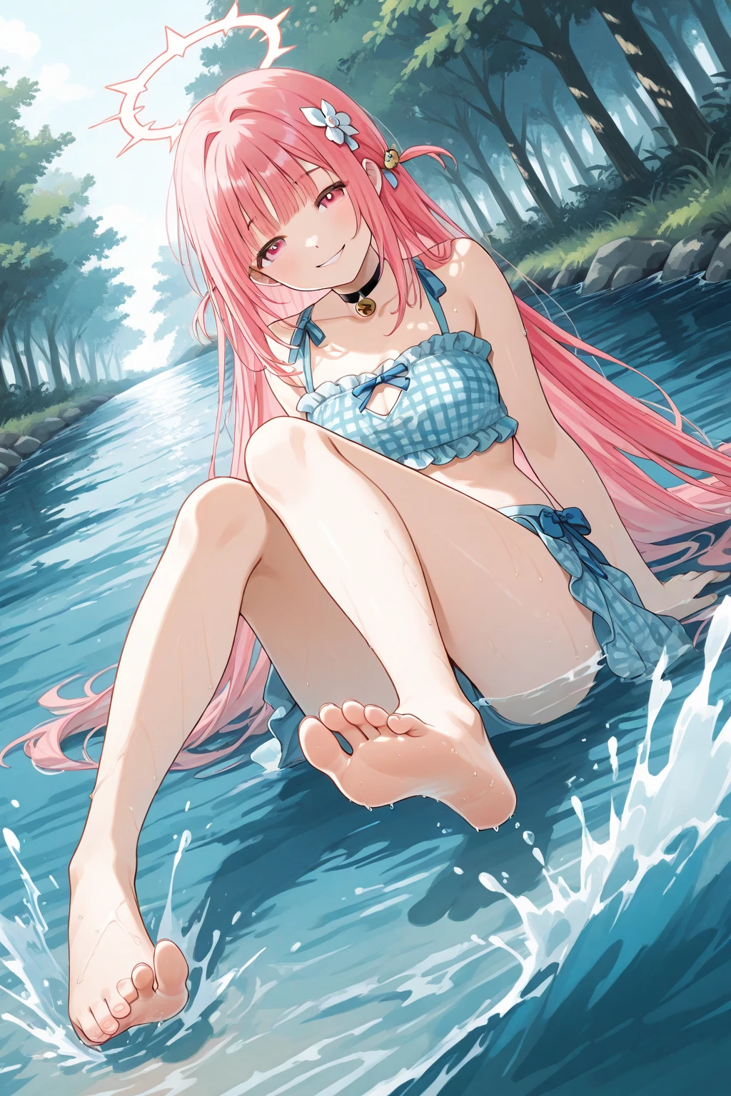 (best quality, ultra-aesthetic, ultra-detailed, best illustration, nsfw, navy blue swimsuit, Japanese schoolgirl swimsuit, one-piece swimsuit, breasts, naked, abundant love juices, vagina, spread legs, pink hair, crotch grab, sexual intercourse)