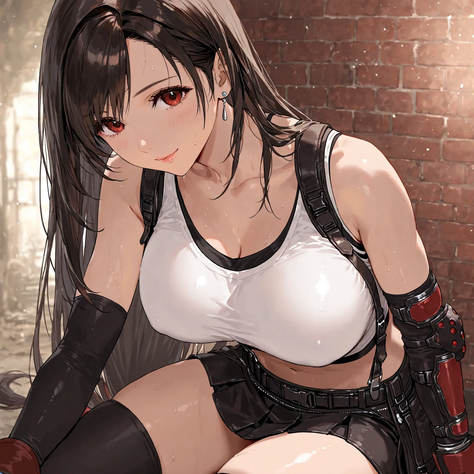 ((best quality)) ((best quality)), ((masterpiece)), (detailed), 4k image, anime style, beautiful woman, fair caramel skin, symmetrical face, cherry pink plump lips, blood red eyes, African looks, fit athletic body, small breasts, toned thin slender body, slim waist, short height, sleek hair tied in a messy bun, sleek reddish-brown hair, wide hips, phoenix eyes, small nose, heart-shaped butt, simple sleeveless halter crop top with a pair of shorts, one girl only, full body image, back to the wall, one girl only, brown skin, doggy-style position, knee-length sheer white stockings