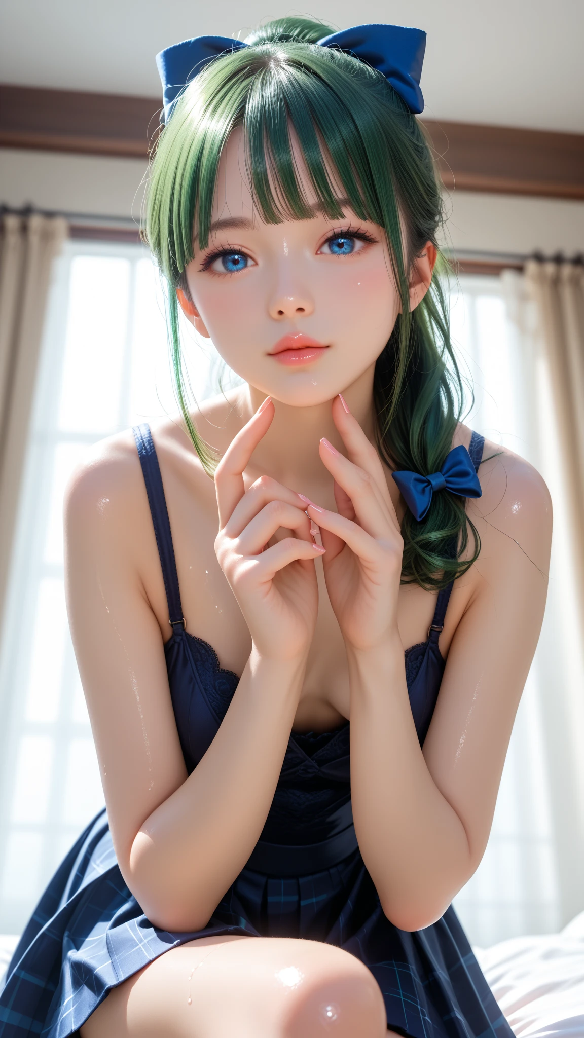 (10 years old) ,girl、(Bunny ears headband)。(Random Nudes)，Exhibitionism，((Random exposure of genitals))。　Beautiful areola。Small breasts. Thin Hair。(On top of a snowy mountain). Detailed and complex background。((Pale green hair))。(Round face). ((Straight twin tail hair)). Cute smile. Idol&#39;s face. Smooth Hair. Thin Hair. White skin. Cute pose with legs apart. 