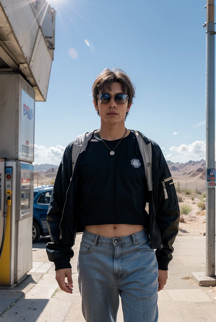 (best quality, masterpiece:1.2), (finely detailed)1boy,,solo, detailed illustration,intricate,android 17,blue eyes, white shirt with the word mir, green raglan sleeves, jeans, yellow belt,clothes writing ,black hair,short hair, parted hair, cowboy shot,rocks, space, dark clouds