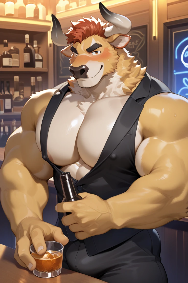 leo alvarez, muscular, bara, wolf tail, tail, (posing:1.3), (soft shading), 4k, hi res, five fingers, detailed hands, ((detailed face, (detailed eyes:1.0), detailed)), by zackarry911, by zaush, (by personalami:0.5), solo, looking at viewer, smile, 1boy, male focus, thighs, from behind, feet out of frame, back, thick thighs, black dress pants, white button shirt, black suspenders, black bow tie, beer belly, big belly, bartender background, facing forward, serving alcohol