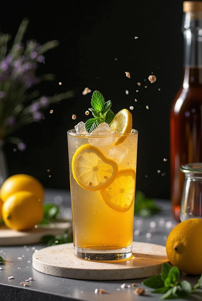 Glass of water on a chair, empty ice, lemon slices, flying bees, flowers, photo shoot backdrop, yellow, water spray
