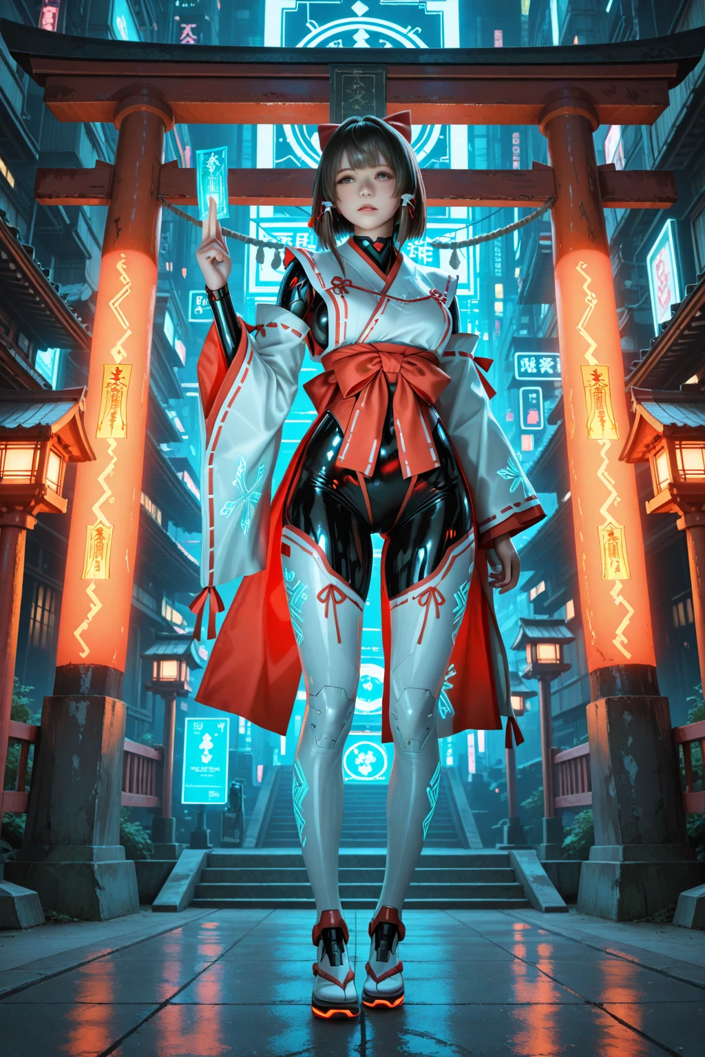 1girl, full body, long black hair, glowing futuristic suit, hover boots, in Gion Kyoto at night, glowing paper lanterns, traditional wooden streets, mix of ancient and sci-fi, cinematic lighting, cherry blossoms, serene expression