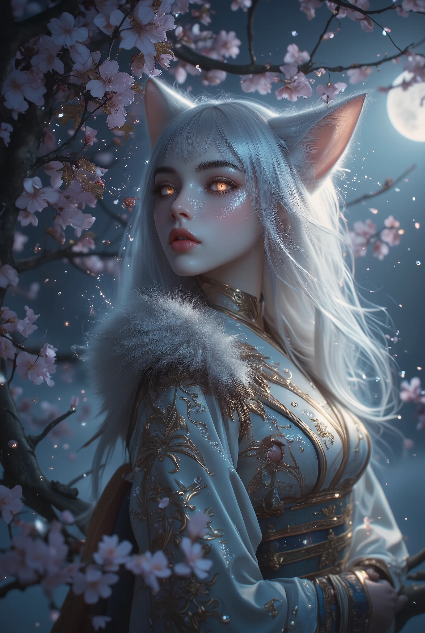 A mesmerizing nekomimi (cat-eared) girl with glowing feline eyes, vertical pupils like a cat, reflecting the moonlight, long flowing silver hair, soft porcelain skin, elegant cat ears covered in silky fur, dressed in a traditional Japanese kimono with gold and floral patterns, standing under cherry blossoms at night, magical particles in the air, soft wind blowing, mysterious and enchanting atmosphere, anime style, ultra-detailed, 8K, cinematic lighting, fantasy realism