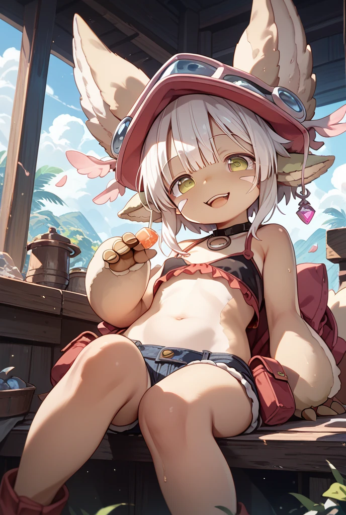 Be red in the face， exteriors， During the day， simple background， A blue sky， Rippled hair， Skysky， Lori， The expression is cute，Small short legs，head portrait，High-quality underwear，shylily，Solo dance，1girll，small curvaceous loli