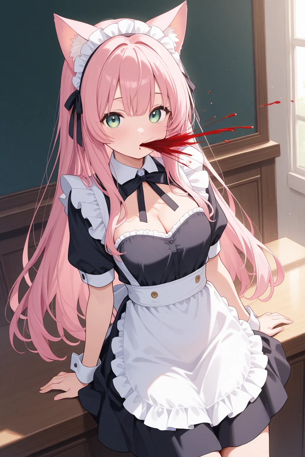 -mature lady, 1girl, pink hair, long hair, solo, blue eyes, maid headdress, looking at viewer, maid, blood, blush, finger to mouth, smile, bangs, hair between eyes, apron, dress, gotou hitori, long sleeves, frills, blood on clothes, upper body, nail polish, shushing, juliet sleeves, black dress, flower, indoors, maid apron, blood splatter, puffy sleeves, blood on face, purple nails, index finger raised, rose<lora:mature lady-000018:1>