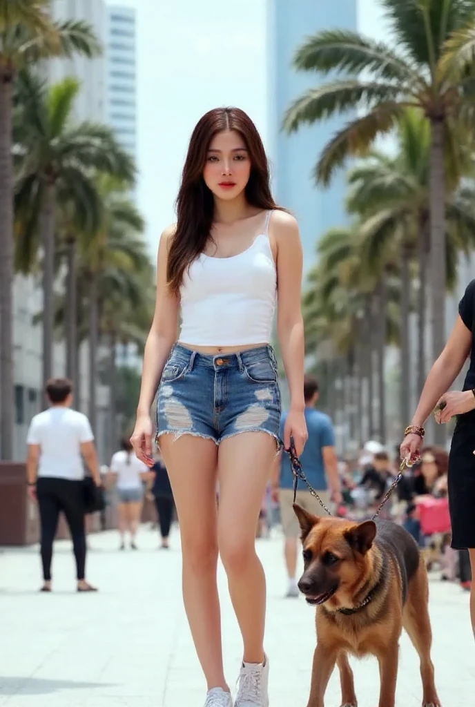 Korean woman without clothes on  beach, walking with an American pitbull terrier on a leash    clothing   - --auto --s2