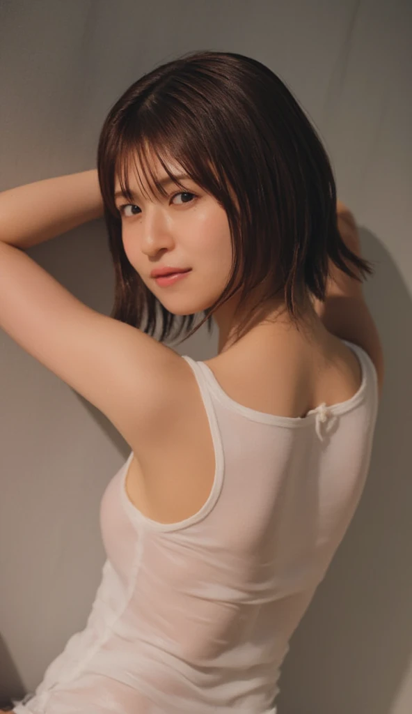 (Ultra HD、Ultra-high resolution、Realistic:1.3、8K、Japanese office lady、In front of the wall)、Attention in the armpits、Look Viewer、(Extremely realistic skin texture:1.4)、(Realistic:1.3)、short hair、((Embarrassed look:1.3))、(blonde:1.3)、40-year-old woman、Mature Woman、ponytail、(Lift your arms and show your armpits:1.3)、((Face close-up:1.45))、(Armpit sweat)、Leaning against a wall、((Shooting from the side:1.05))