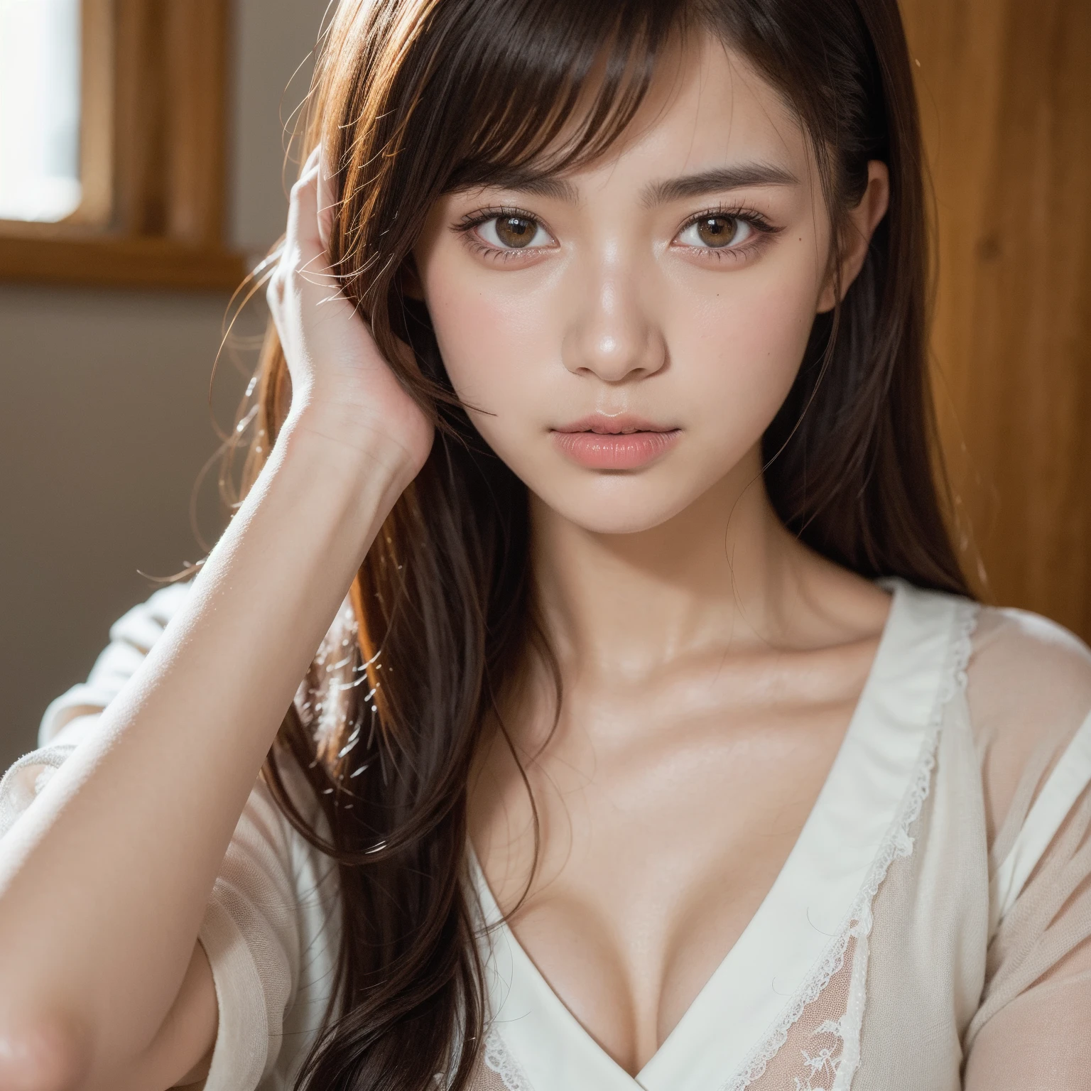 (Highest quality、8K、32k、masterpiece、Hmph:1.2)、Cute Japanese Women Photos、Photographed in front of a white wall、Photographed in natural light、Upper Body、Surface Focus、White and black gothic lolita maid outfit、White prim、Sitting on the floor、From above、Mix 4、(8K、RAW Photos、Highest quality、masterpiece:1.2)、(Realistic、Photorealistic:1.37)、1 Girl、Photon Mapping、Physically Based Rendering、Excellent image quality、High resolution、1080P、(Beautiful face)、(Detailed facial depiction)、(Detailed explanation of the hand setter muscle parts)、(Detailed CG)、 Extreme light and shadow、Shiny hair、masterpiece、Rich details、(exquisite features)、(Best image quality)、(masterpiece)、(Detailed eyes)、I look forward to seeing you、Delicate clavicle、Put your hands on the wall