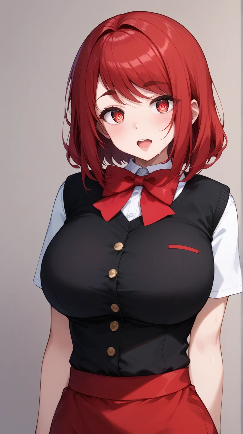 masterpiece, best quality, absurdres, 1girl, solo, red hair, twintails, orange eyes, gigantic breasts, smile, arms behind back, GirlSuspenders, white turtleneck, suspenders, plaid skirt, <lora:CONCEPT-ShuujinAcademySchoolUniform:1>