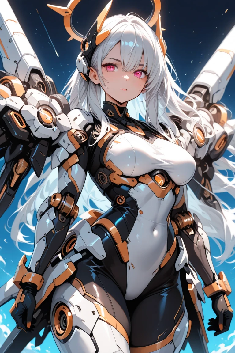 1girl,original,Cute eyes、slender,large breasts,cyber armor, mechanical armor,Robot armor, inner suit,Line carving, Shoulder armor, arm guards, leg guards,large rifle,mechanical wings,Cowboy Shot,(masterpiece), (best quality), (ultra-detailed), very aesthetic
