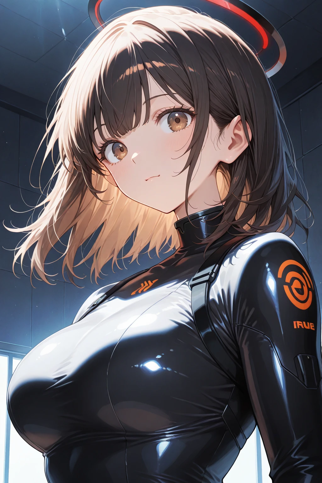 1girl,solo,super detailed skin,shiny skin,wet oily skin ,expressionless,,orange hair,blunt bangs,hair rings,deep detailed eyes,eyelashes,lips gloss ,large breasts,asymmetry body suit,Shinobi clothes,crossed arms,night city ,rooftop,masterpiece,best quality,ultra detailed,high resolution,sharp focus