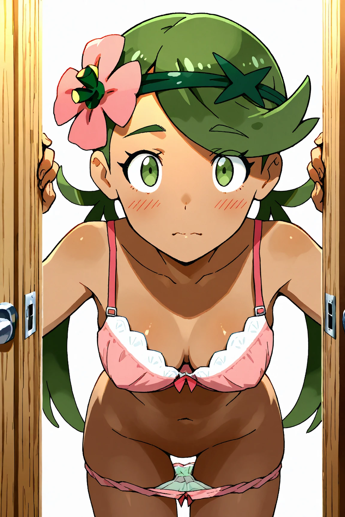 (Masterpiece), Best Quality, ultra-detailed, 1girl(zodiac_mallow, pkmnmallow , lovely small breasts, dark skin, dark-skinned female , naked body, green hair, long hair, headband, pink flower in hair, green eyes, half-closed eyes) , a seductive face, smile, parted lips, nose blush , blush, solo, head tilt, nude,white y-shirts(buttons, open shirts), loose shirts, in the forest, night time, tent, incoming sex
