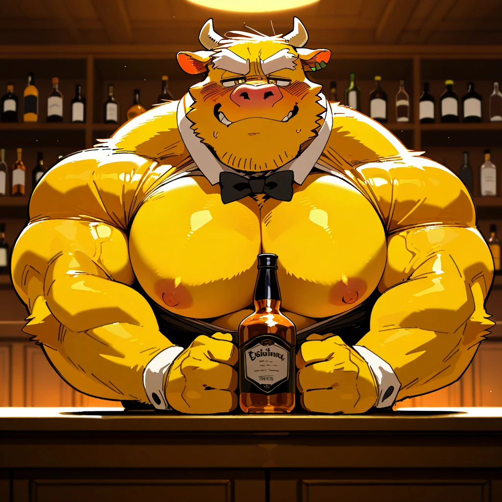 (cute, fat, obese, anthro, male, bull), red briefs, bulge, facial scar, red eyes, drinking, drunk, happy, tavern setting, barstool, bar, (detailed background), hires textures, highly detailed, intricate details, best quality, masterpiece, bright lighting, detailxl, zPDXL2