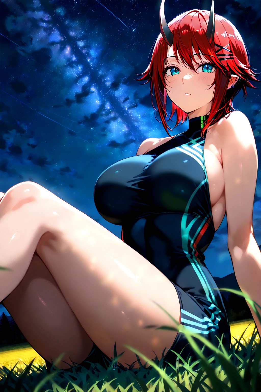 hd masterpiece, anime girl, 1girl ((32year old, dressed in a blue bikini, medium breasts, short orange hair, pony tail styled hair, perfect model body:1.3, detailed blue eyes:1.5, Arrogant Smile on face)), (Background: Swimming pool, on top of a roof top, skyline of a cyberpunk city), dreamy cyberpunk girl, anime cyberpunk art, digital cyberpunk - anime art, cyberpunk anime girl, digital cyberpunk anime art, cyberpunk, cyberpunk anime art, cyberpunk vibe, cyberpunk art style ((solo:1.6))
