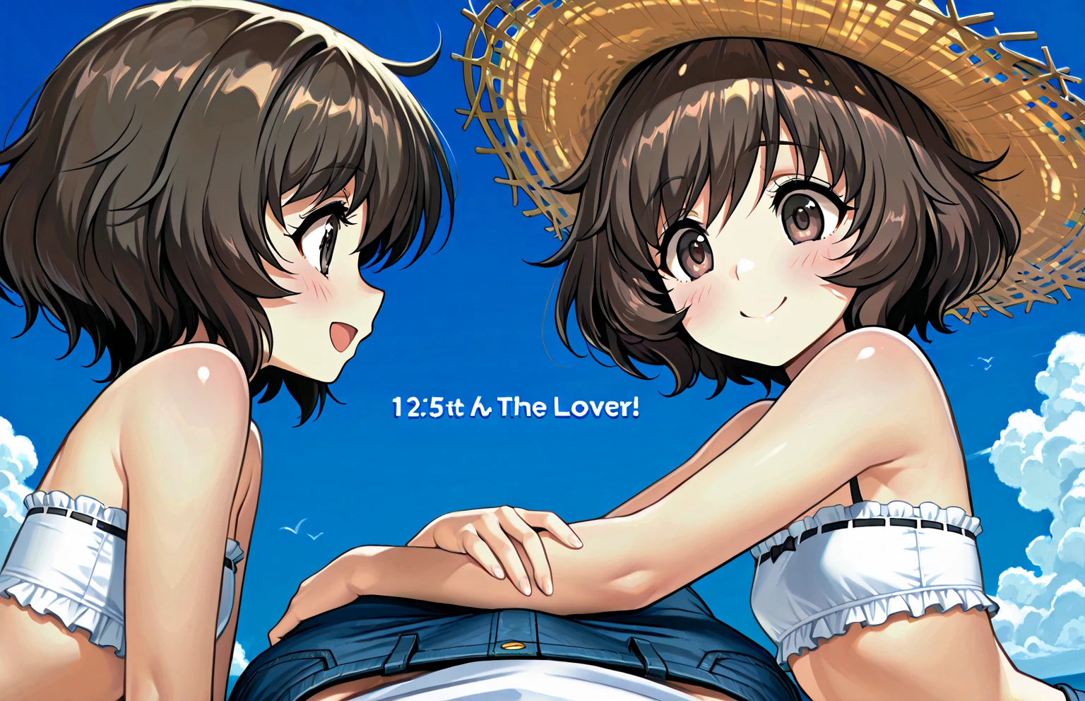 best quality, 1girl, brown hair, brown eyes, medium breasts, front tie bikini top, (gold bikini), arm behind back, peace sign, grin, sun, on beach, spoken heart, (face paint:0.9), (corneo_dva:0.9), no headwear,