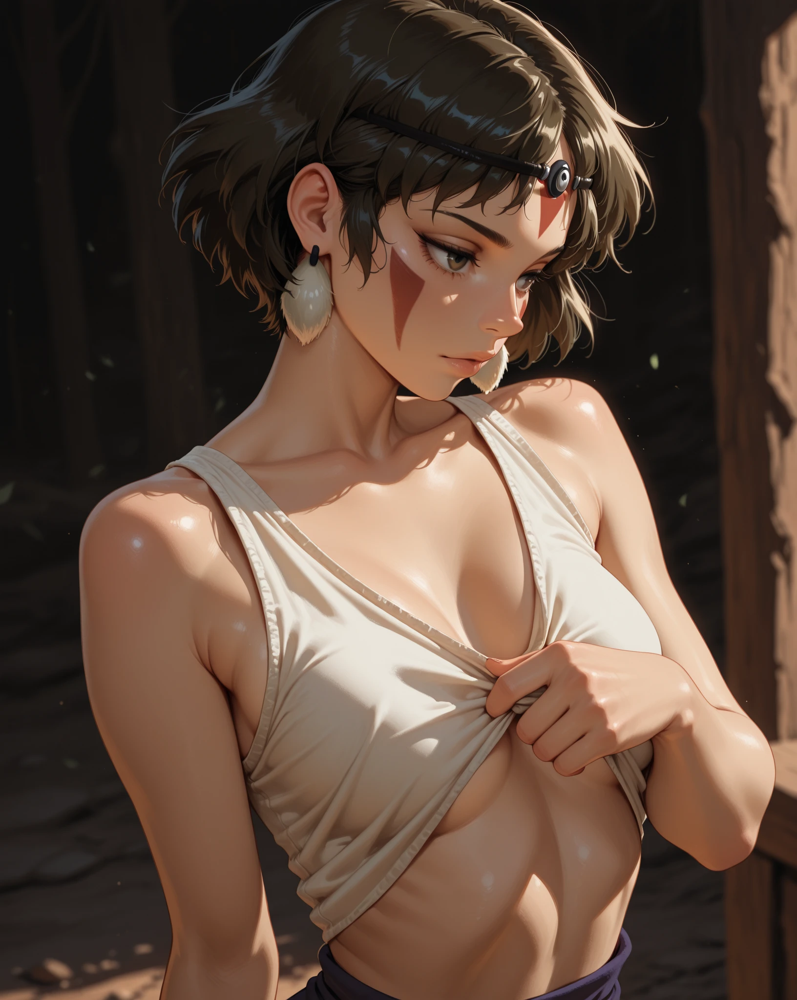 photo of mlp Meowko, RAW, beautiful woman, ((portrait)), ((detailed face:1.2)), ((anime face, anime facial feature, clear skin, glossy anime lips, clear skin), (short messy lesbian haircut, brunette: 1.55), (under boob: 1.6), (perfect proportioned body, Strong, muscular, narrow waist, narrow hips, skinny, large breasts), (she is wearing a Small halter top, exposed under boob, low-rise jeans, belly button), European alleyway, cobblestone streets, brick buildings, (realistic photo, best quality, detailed), (8k wallpaper), (cinematic lighting, beautiful light, (noon:1.3)) (sharp focus, intricate)