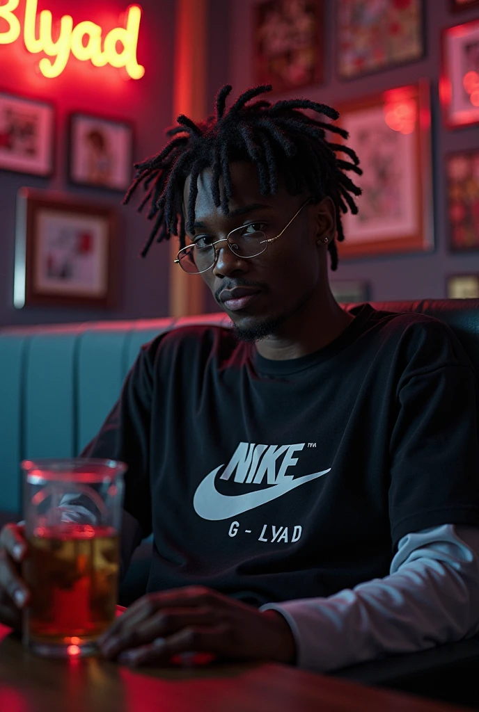 Photo of a boy with a cap on his head, the same one wearing the flu, dressed in Nike, a little dark-skinned, in one hand holding a bottle of codeine and in the other hand holding a liter of bottle of Sprite soft drink, the same one with a cord studded around his neck and with his teeth with diamond-studded lens studded like the chain he has around his neck