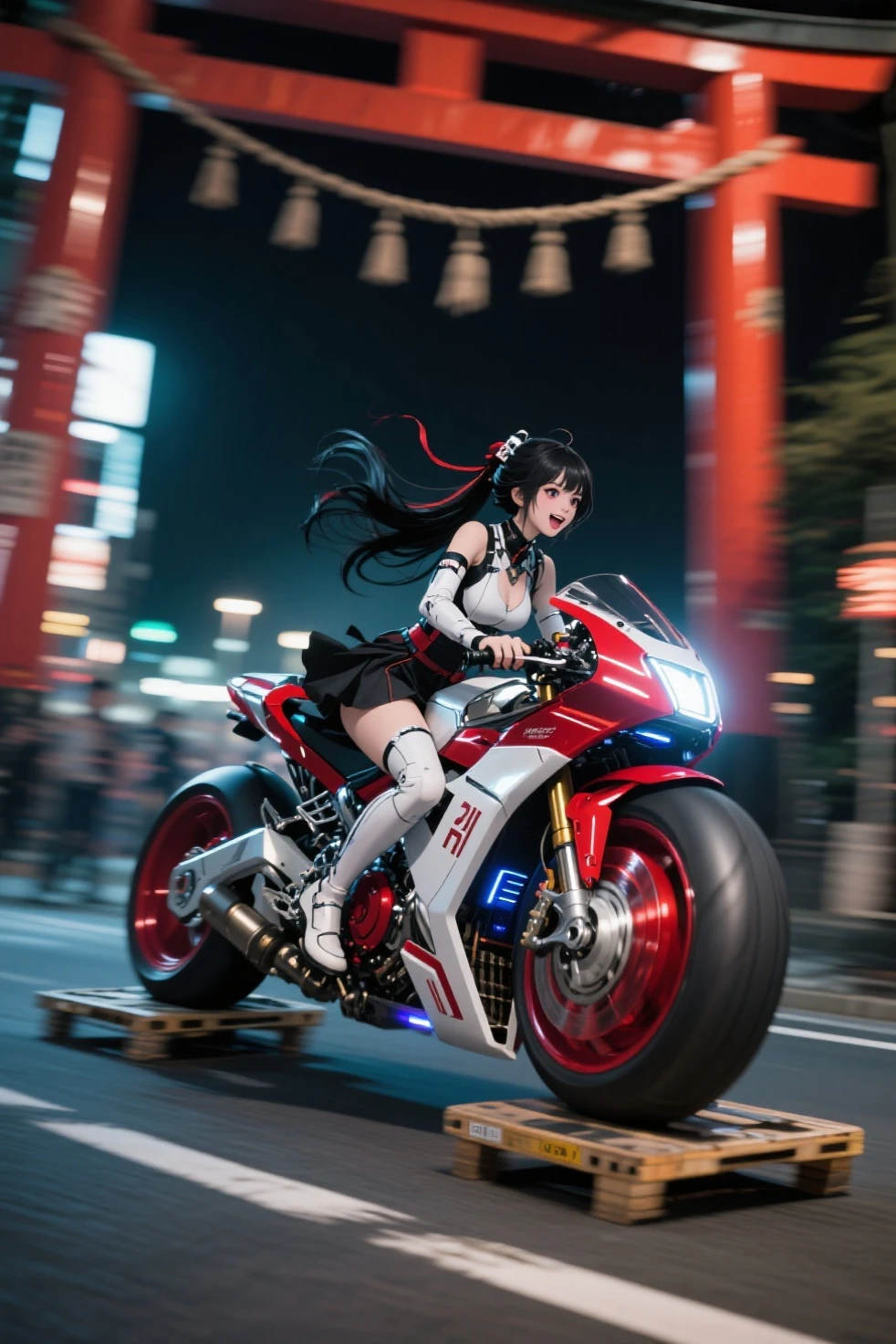 (RAW image quality:1.4)、8K分辨率、Official art, top-quality, ​masterpiece, 超A high resolution, (Photorealsitic:1.4), Raw photography, ((super realistic details)), portlate, globalillumination, Shadow, octan render, 8K, ultrasharp, 1girl in, 17 age, (long hair flowing with the wind), detailed face depiction, shiny lip, Tsundere and playful look, (Low-rise leather pants:1.4), (Pure White Cropped T-Shirt:1.4), (underboob:1.4), big breasts thin waist, (((1 Akira Bike:1.4))), natta, Cyberpunk City View, Ultra-detailed CG image quality,