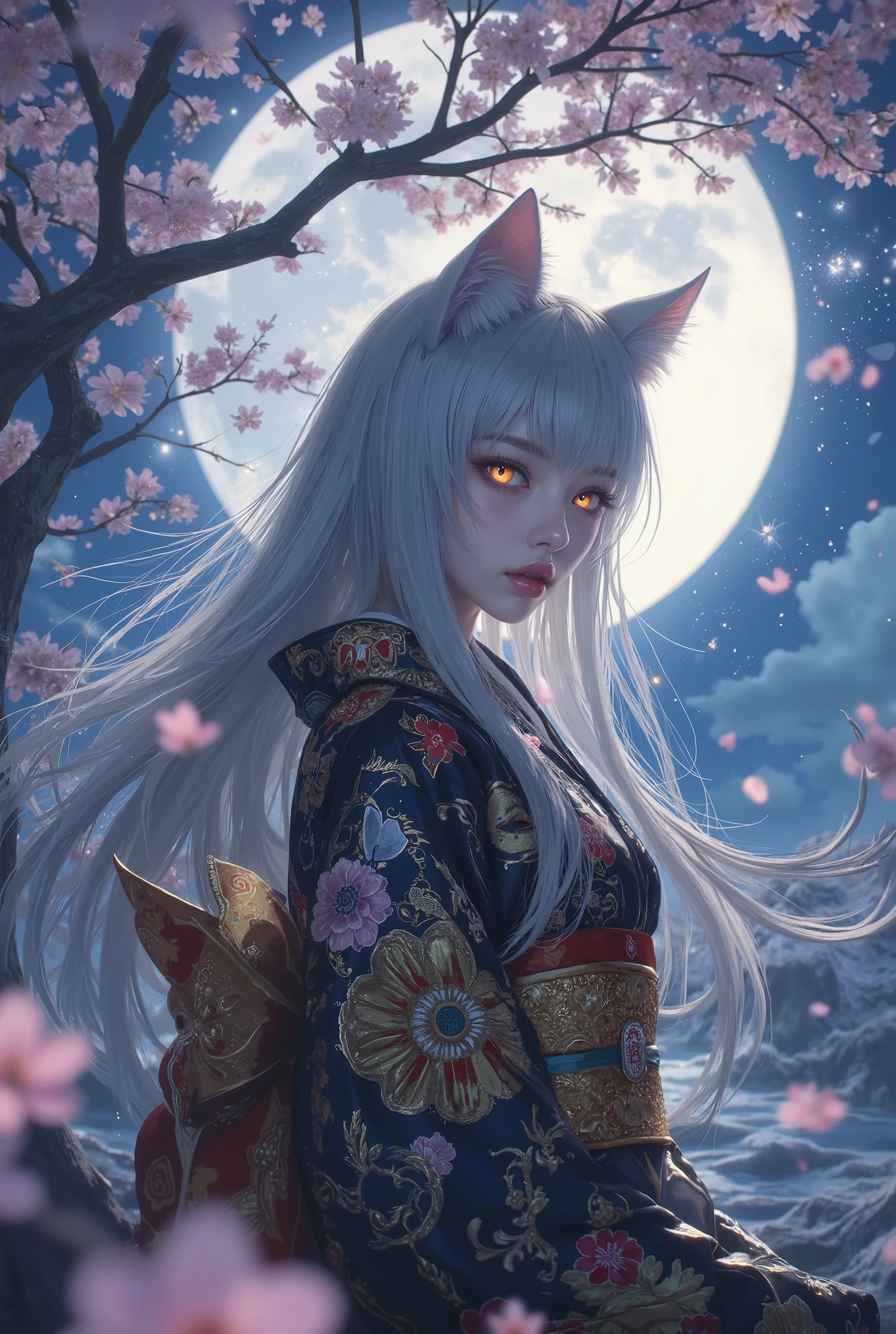A mesmerizing nekomimi (cat-eared) girl with glowing feline eyes, vertical pupils like a cat, reflecting the moonlight, long flowing silver hair, soft porcelain skin, elegant cat ears covered in silky fur, dressed in a traditional Japanese kimono with gold and floral patterns, standing under cherry blossoms at night, magical particles in the air, soft wind blowing, mysterious and enchanting atmosphere, anime style, ultra-detailed, 8K, cinematic lighting, fantasy realism