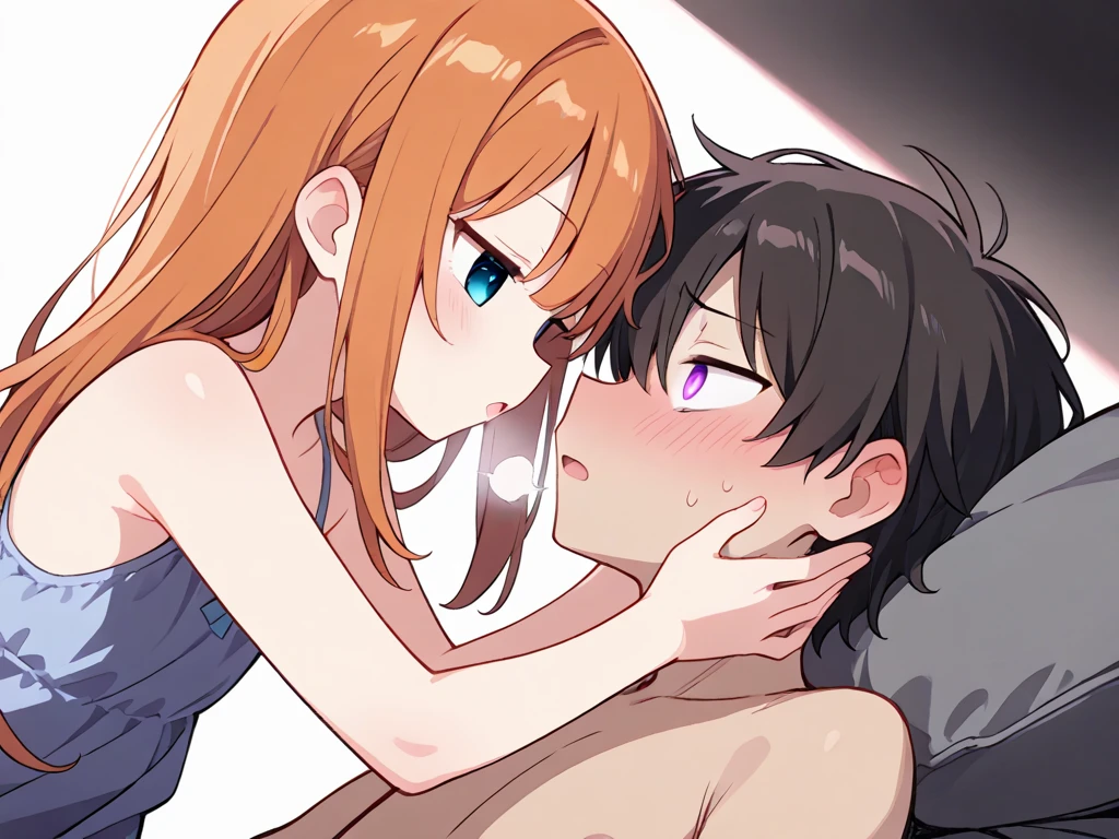 NSFW,((One man and one woman,Is giving a titjob)), Paizuri squeeze,paizuri,breasts blowjob,breast in 1penis,kiss,Long Tongue,One Girl,Orange Hair,Side Tail,Open Mouth Smile,Simple Background,,Highest quality,Masterpiece