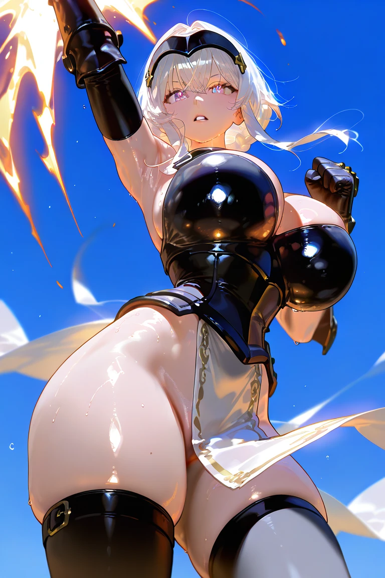 Standing, big breasts, busty, pretty face, thick body, blonde hair, half-closed eyes, smile, exposed armpits, masterpiece, super mass, 4k quality, high detail, elf mother, black nun bandana, lace skirt, cleavage, white pantyhose, sweaty, wet clothes, see-through, add_detail:1.5