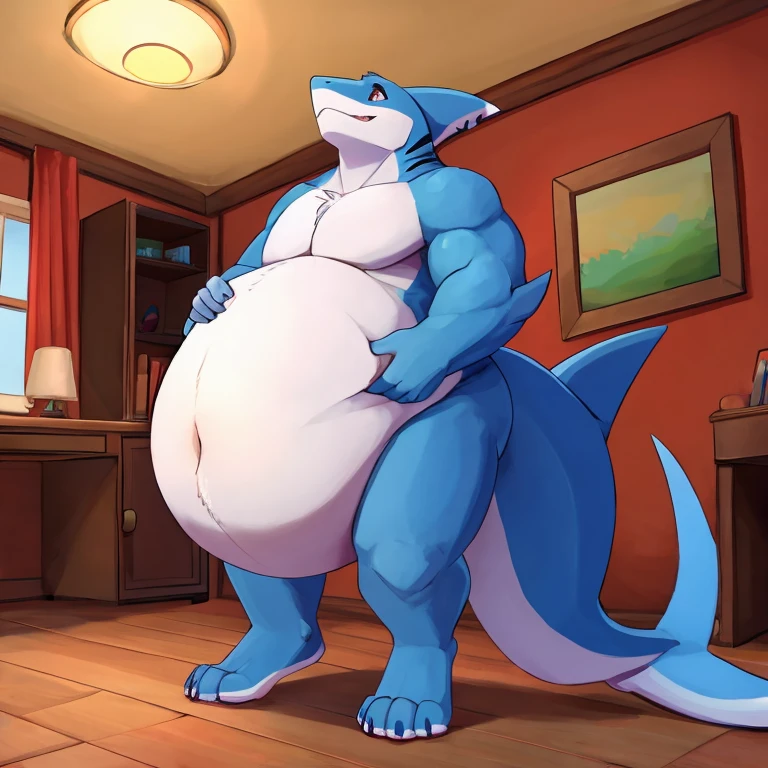 (((detailed eyes, detailed face))), (anthro, naturon <lora:naturon:0.8>, blue scales), male, (solo), (plump, chubby, belly, overweight), (male swimsuit <lora:bulge_swimsuit_cum_xindigo_v2:1>, cameltoe <lora:cameltoe:0.5>, topless), standing, arms behind back, smile, (by bna_v5, by inkudoragoon, by kicktyan), soft shading, bedroom, 8k, UHD, masterpiece