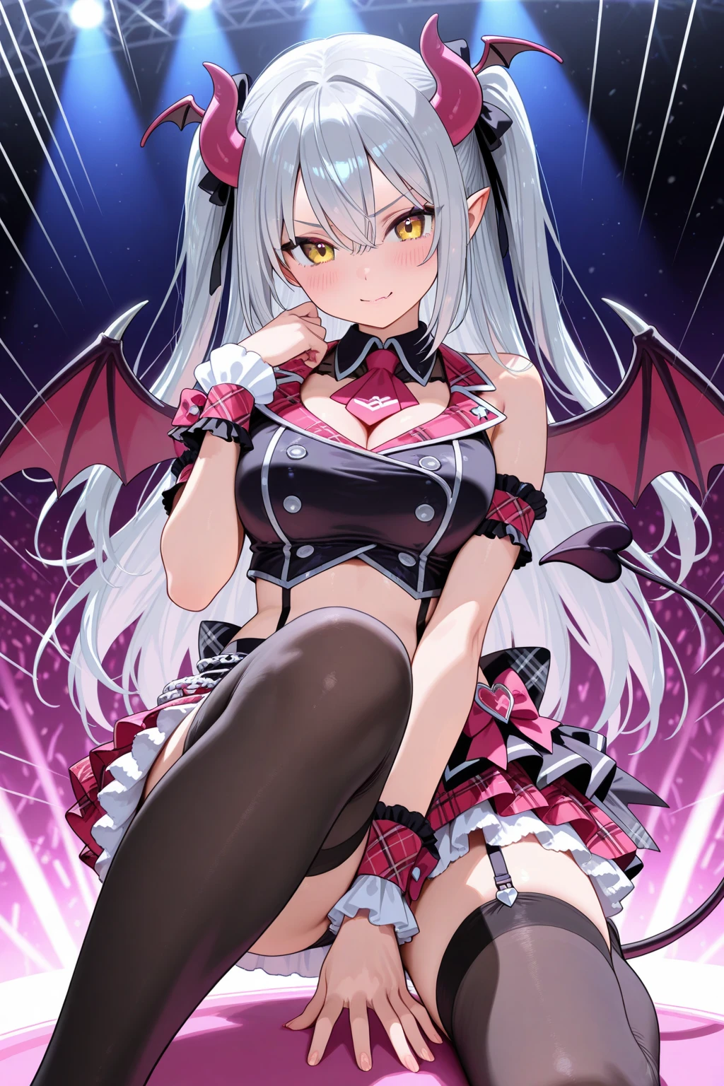 Colorful , masutepiece, Best Quality, 1girl in, , purple hair, middle hair, spike hair, Evil Female Executive, Goth Lolita Costume, a miniskirt, White stockings, Large red ribbon, a choker, White inner, black clothes, Sadistic smile, evil smile, black boots, bat wings, , from below, looking at viewer, contrapposto, hand on hip, hairs between eyes, red eyes, shiny eyes,