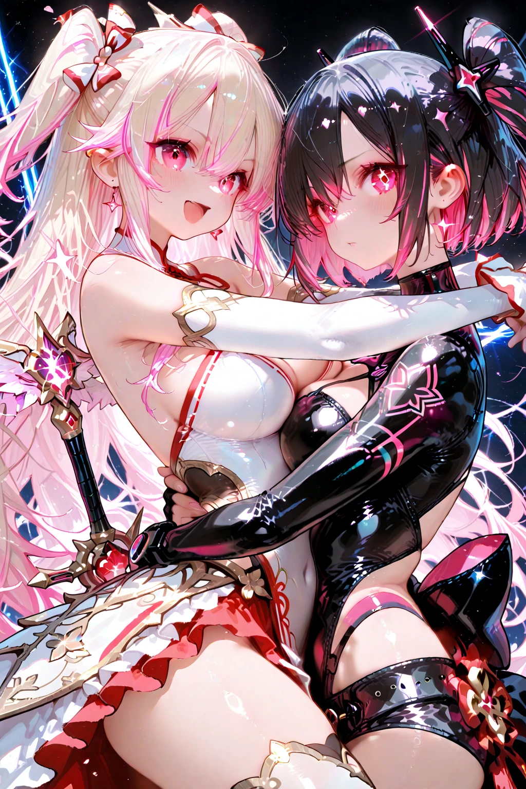 Close-up of two women with long hair and pink hair, WLOP and Sakimichan, 8K high quality detailed art, by Yang J, wlop and ross thran, Extremely detailed Artgerm, ross tran and bayard wu, art-style, artgerm and rossdraws, artist artgerm i and wlop，long whitr hair, multipel Girls, shift dresses, 2 girls, flat lay，lie，With his eyes closed, whaite hair, monstergirl, mermaids，Automotive advertisement style Long hair,Silvery hair, hair adornments, thighhighs, shift dresses, 2 girls, exposed  shoulders, Extra-long hair, Keep one's mouth shut, Permanent, florals, parted lip, Sleeveless, Hairy flowers, nail polish, black color dress, From the side Side, cparted lips, finger nails, See, petals, eyeslashes, temple, contours, putting makeup on, Floating hair, sleevelessdress, feater, black fingernails, redish pink lips, Redlip，water ink，Splash ink，Fragmentation，faeries，Smudge，aquarelle，Light . Sleek, dynamic, professional, commercial, vehicle-focused, high-resolution, highly detailed