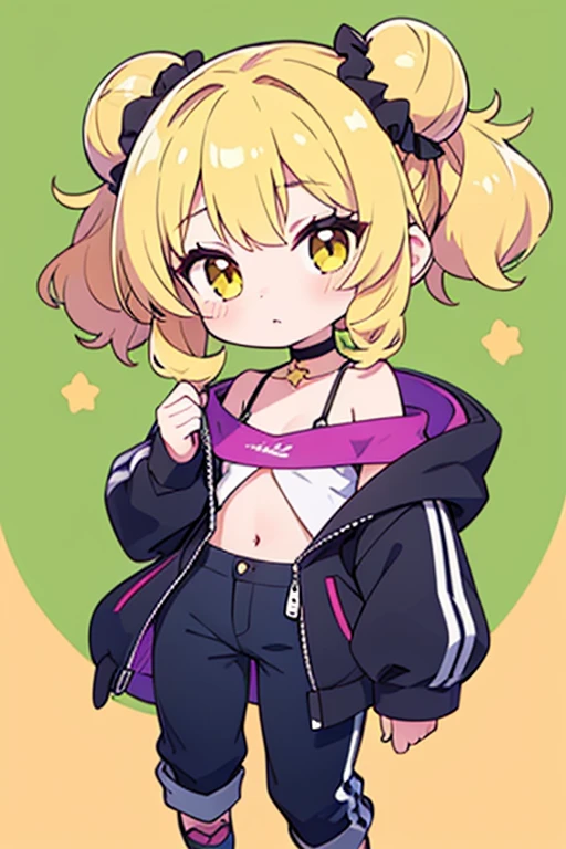 whole body,Standing posture, (Blonde,Trimmed bangs,Hime cut,Twin tails,) (Small breasts,Teenage Girl,), (Cute face:1.2) (Punk Fashion,Low rise,) smug face,(White background)