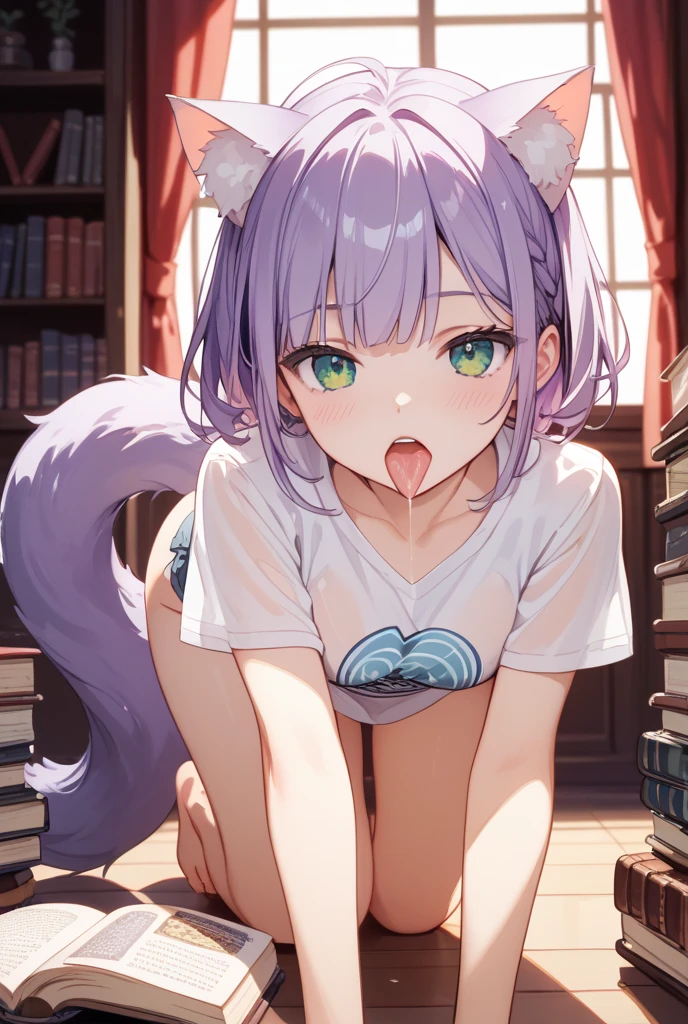 ((best quality)), ((masterpiece)), (detailed) , ((tribal attire)), HDR, perfect face, cloth skirt, ((long pale hair)), ((long hair)), ((tall cat ears)), ((cat tail)) ear fluff, muscly arms, ((lewd look)), built, ((nsfw)), ((light purple hair)), bedroom background, collar, ((cum inside)), ((skirt lift)), wearing glasses, maid outfit, fie claussell, green eyes, beret, brown shirt, bare shoulders, arm warmers, corset, belt, white skirt, thigh boots