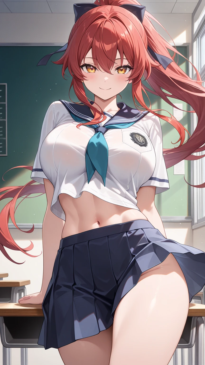 aaoriana, long hair,  large breasts, long hair, blush, lipstick, jewelry, earrings, Hot girl, baddie, mean girl, sensual, attractive, underboob, masterpiece, best quality, highly detailed, a anime girls in sailor uniforms with a gun posing for a picture,
evil smile, smile, open mouth,black_serafuku, ecchi anime style, anime girls , (nsfw) not safe for work,
ecchi style, ecchi, shipgirls, digital anime art!!, high school girls, holding a gun, hold a gun, anime style 4
k, micro skirt, exposed belly, exposed navel, exposed midriff, holding pistol,
exposed lower belly,school, classroom