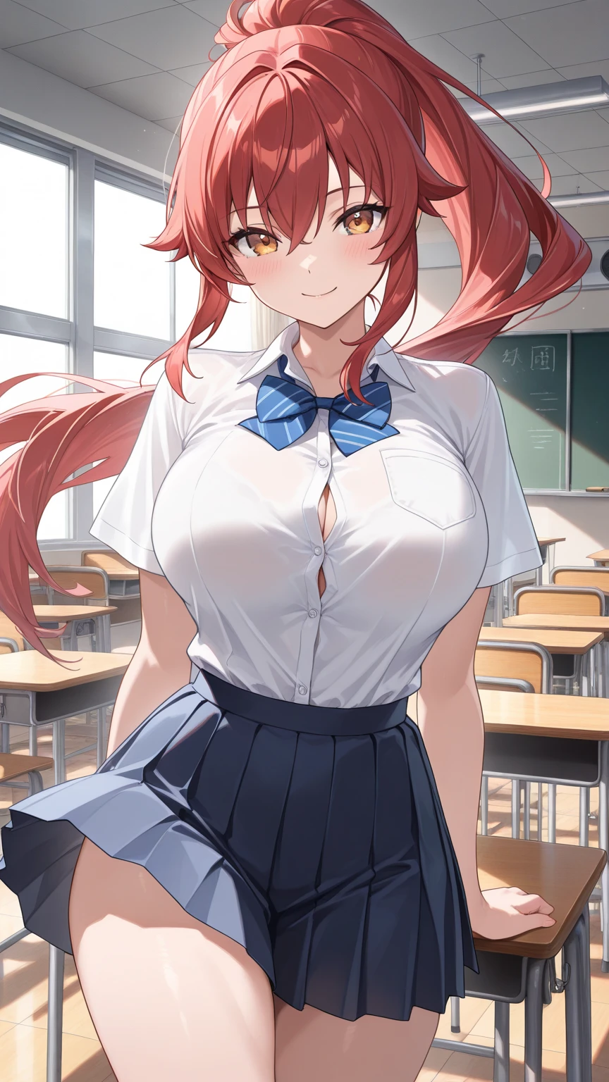 Big breasts, red hair, blue eyes, droopy eyes, red jacket, long sleeves, navy skirt, elementary school student, (super big breasts:1.1), (medium hair), baggy clothes, elementary school student, young face, short height, , old, shy Agari, smiling a little, trying to unbutton his shirt in the classroom, white shirt, soft hair，(straight hair:1.2)  , gentle smile, a little smile ，