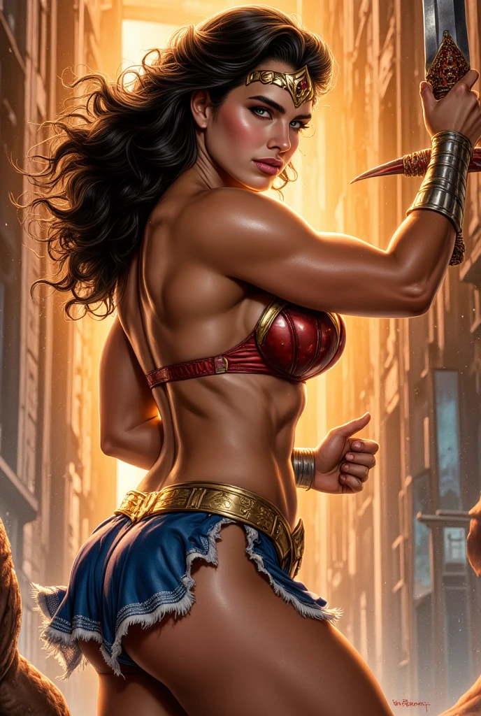 A fierce and powerful warrior in an epic battle, with intense determination in her eyes and a sword shining in her hand. Bare breasts, (((topless))), The scene is set in a desolate, post-apocalyptic landscape, with dark storm clouds swirling in the sky and debris littering the ground. Show her in a dynamic pose, showing off her strength and agility The lighting is spectacular, casting strong shadows and emphasizing his strong silhouette. It captures the energy and intensity of the moment, with bursts of fiery sparks and dust swirling around him. It creates a highly detailed and realistic depiction, with intricate armor, scars of battle, and loose hair. Showing the tension in his muscles and determination in his expression. This piece must be a true masterpiece, showing the best quality and attention to detail.