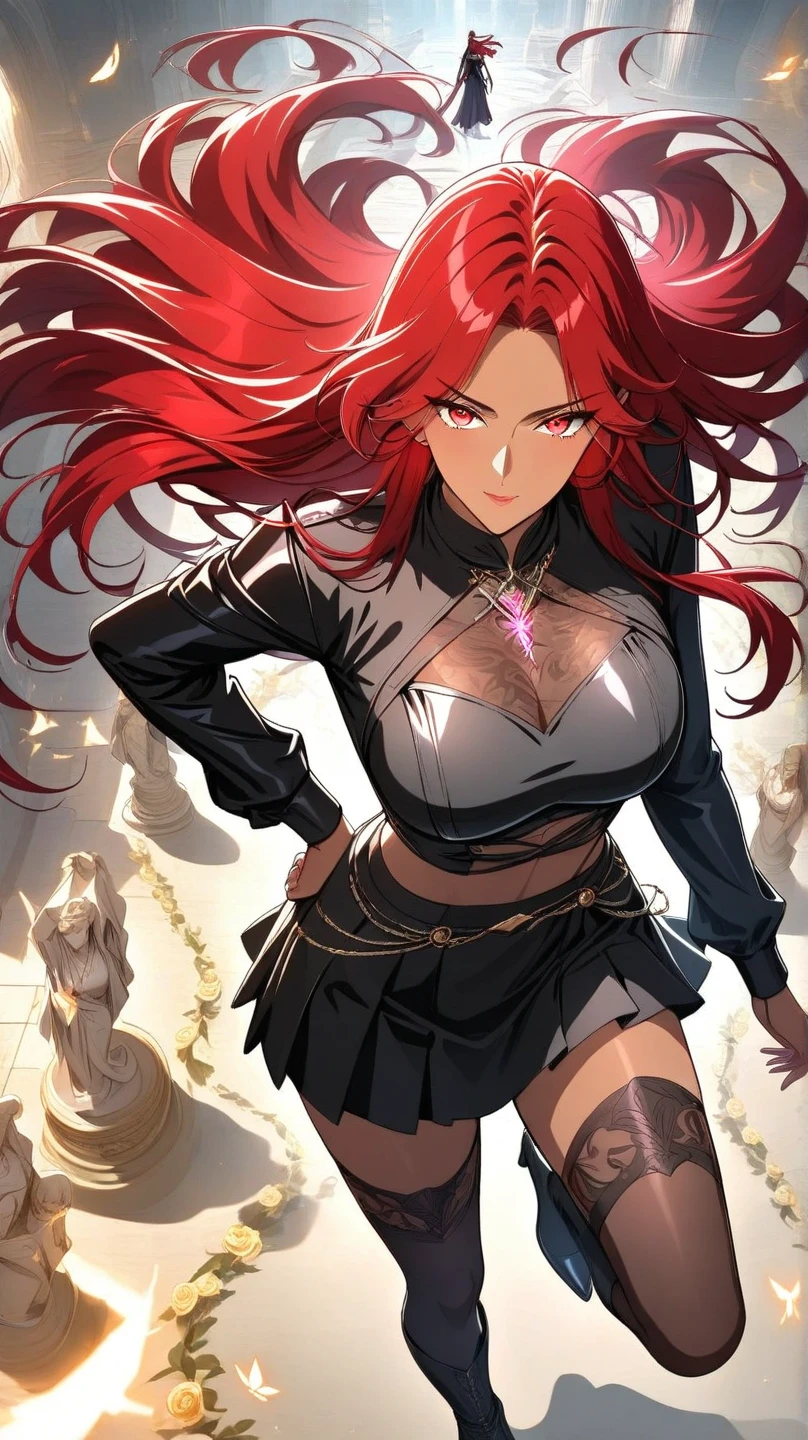 Girl, Alone, by the wide, looking at the viewer, white skin ((gold eyes, big chest:1.5, wine red hair, long curly hair, yellow eyes, white egyptian battle clothes , exercised body, Beautiful lips, seductive eyes,bright lips , annoyed, he would be