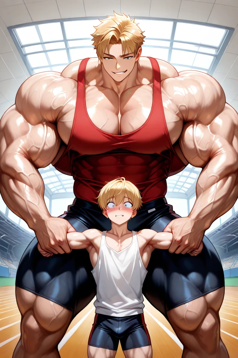 Woman in black bikini and small man in white shirt, weak and small man, thin and small physique, Very beauthful. , ,weak and defenseless man, small physique, , muscular ultraviolent woman, muscular and scary, absurdly huge physique, big muscles, extremely muscular woman, woman stepping on man, small man being stepped on by woman,