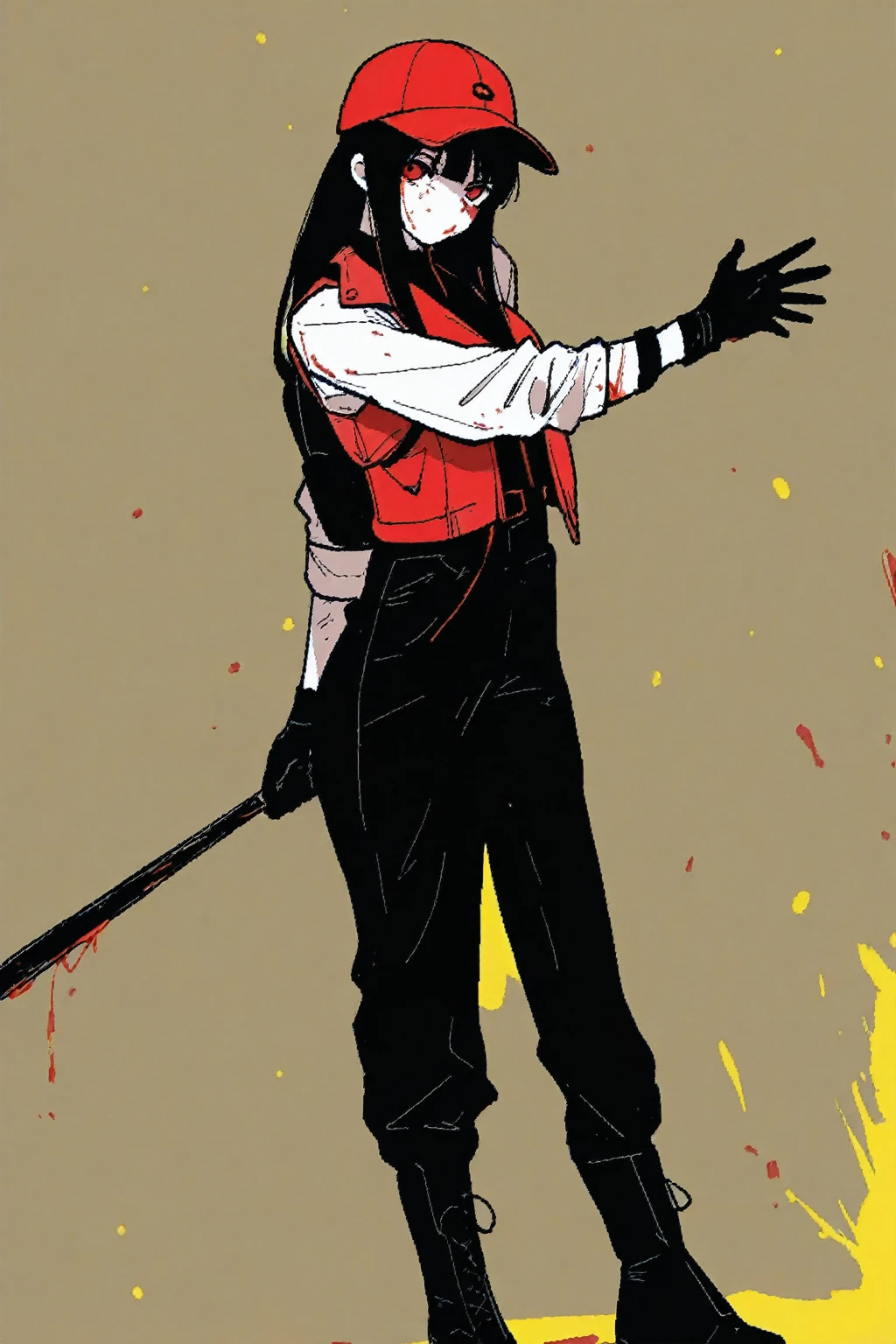 best quality, expressive eyes, perfect face, (1boy), sexy, anthro, (black bunny ears), apron, butcher, bloody, messy hair, genshim impact style, black hair, with tattoo, male, handsome, smug , background white, (full body), bloodstainai, role character, tall slim body, long hair, funamusea inspired