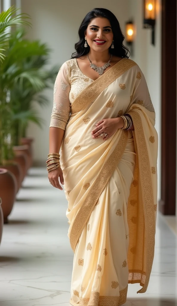 A radiant, full-figured South Indian 45 year old bride ( surrounded by a group of men)wearing a transparent cream colour silky saree standing in a living room, , captured in a full-body image with vibrant hues and meticulous details. Full body image