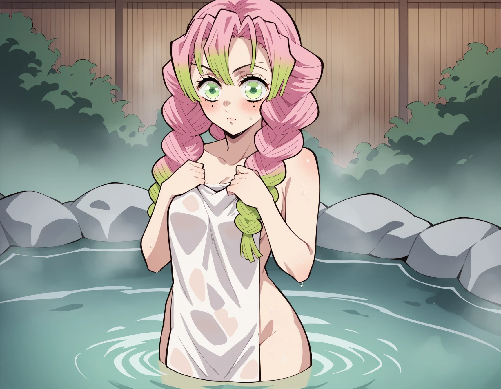 score_9, score_8_up, score_7_up, score_6_up, score_5_up, score_4_up, 1girl, ChopioMitsuri, long hair, pink hair, green hair, twin braids, multicolored hair, green eyes, eyelashes, mole under eye, breasts, kimono, , nuyde,naked, hetero, blush, large breasts,, light-skinned male, , , sweat,, collarbone,  bath , , deep skin, closed mouth, looking to the side, embarrassed, floox style, (long hair:1.2), 1boy,  buttjob, pov, penis, condom, ass grab