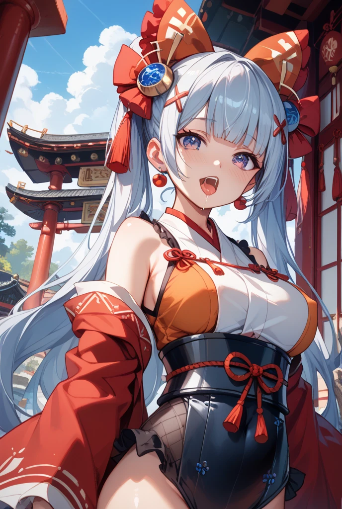 (holding a Japanese-style fan)、(red cat eyes)、Solo,Silver hair、(twin tail hair:1.5)、(ONI horns)、girl with horns、(SAMURAI),High Leg Armor、(((Japanese armor)))、(((Fishnet tights)))、cleavage、big breasts、 ferocious smile,open your mouth and laugh、fang、Japanese shrines、torii、sunset time