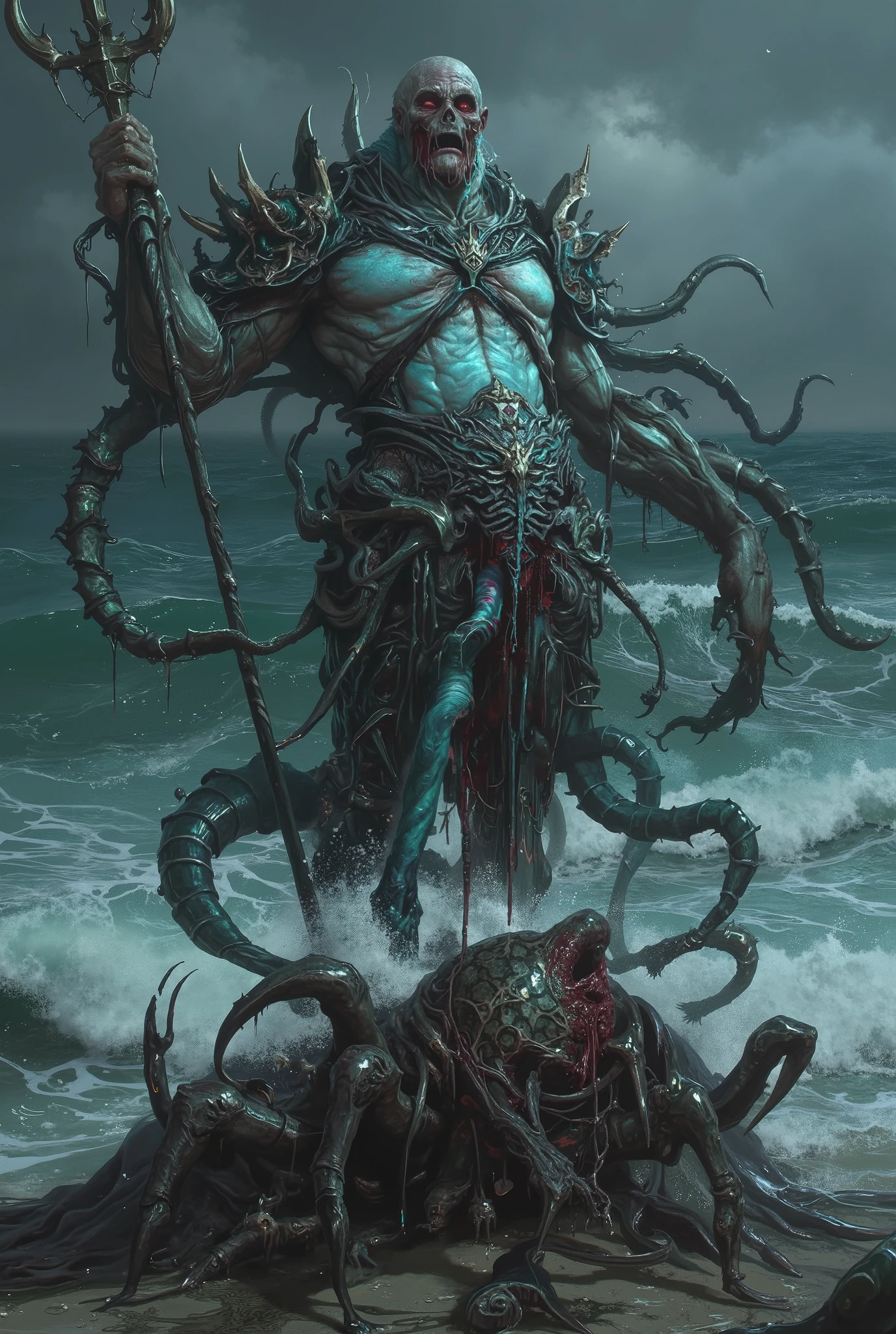 neon colored, (photos realistic:1.7), eldritch goddes of the deep sea, Cthulhu-inspired Poseidon, muscular humanoid with pallid, water-worn skin, wearing ancient oceanic armor with crustacean motifs, tentacles flowing from waist and back, holding a trident dripping with seaweed and blood, stormy misty seashore background, dark fantasy, cinematic lighting, hyper-detailed, by zisław Beksiński and H.R. Giger