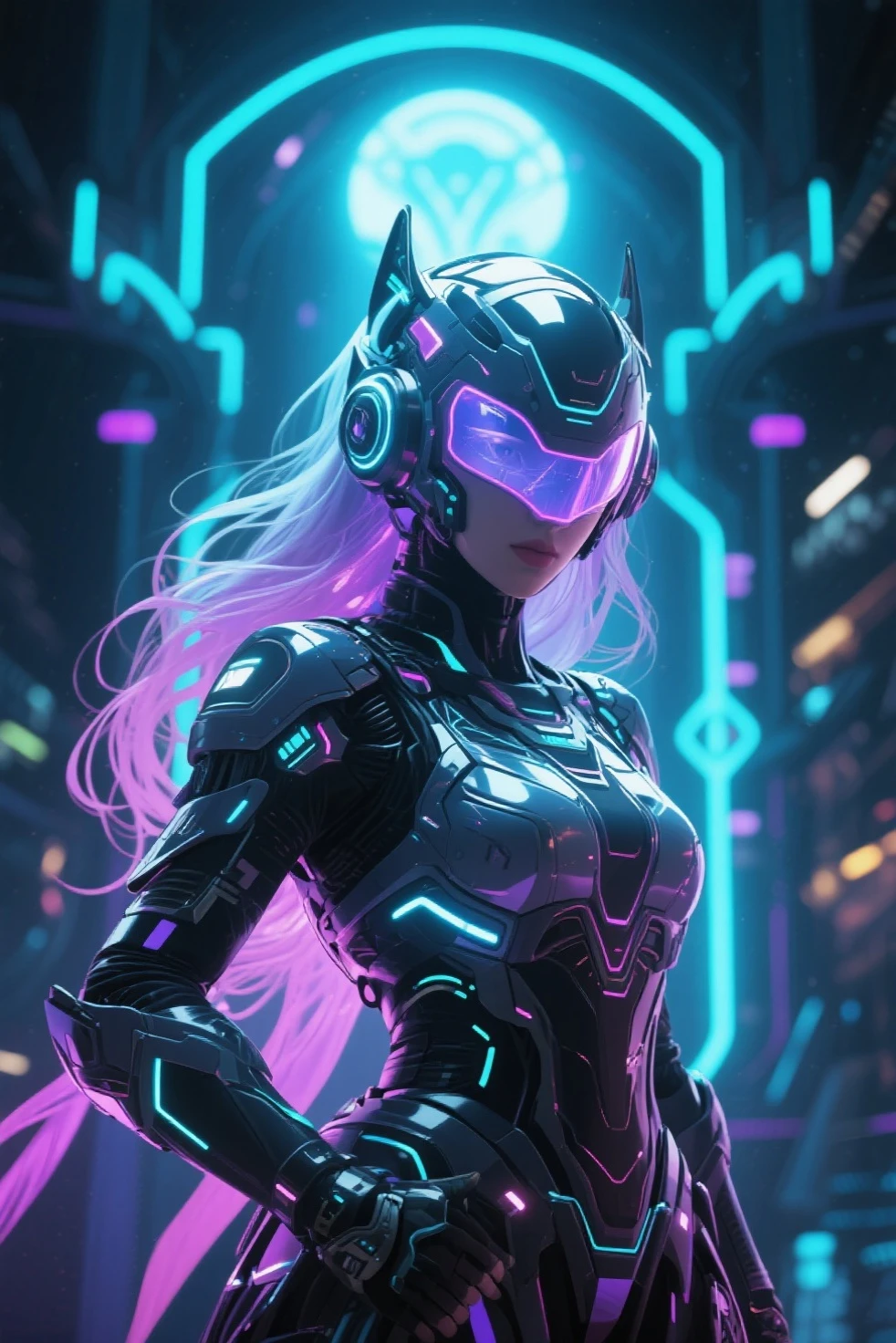 (high quality, best quality),
(cyborg woman), silver chrome skin, horns,
long hair, wavy pink hair,
dark city background, neon lights, sci-fi, (cyberpunk)