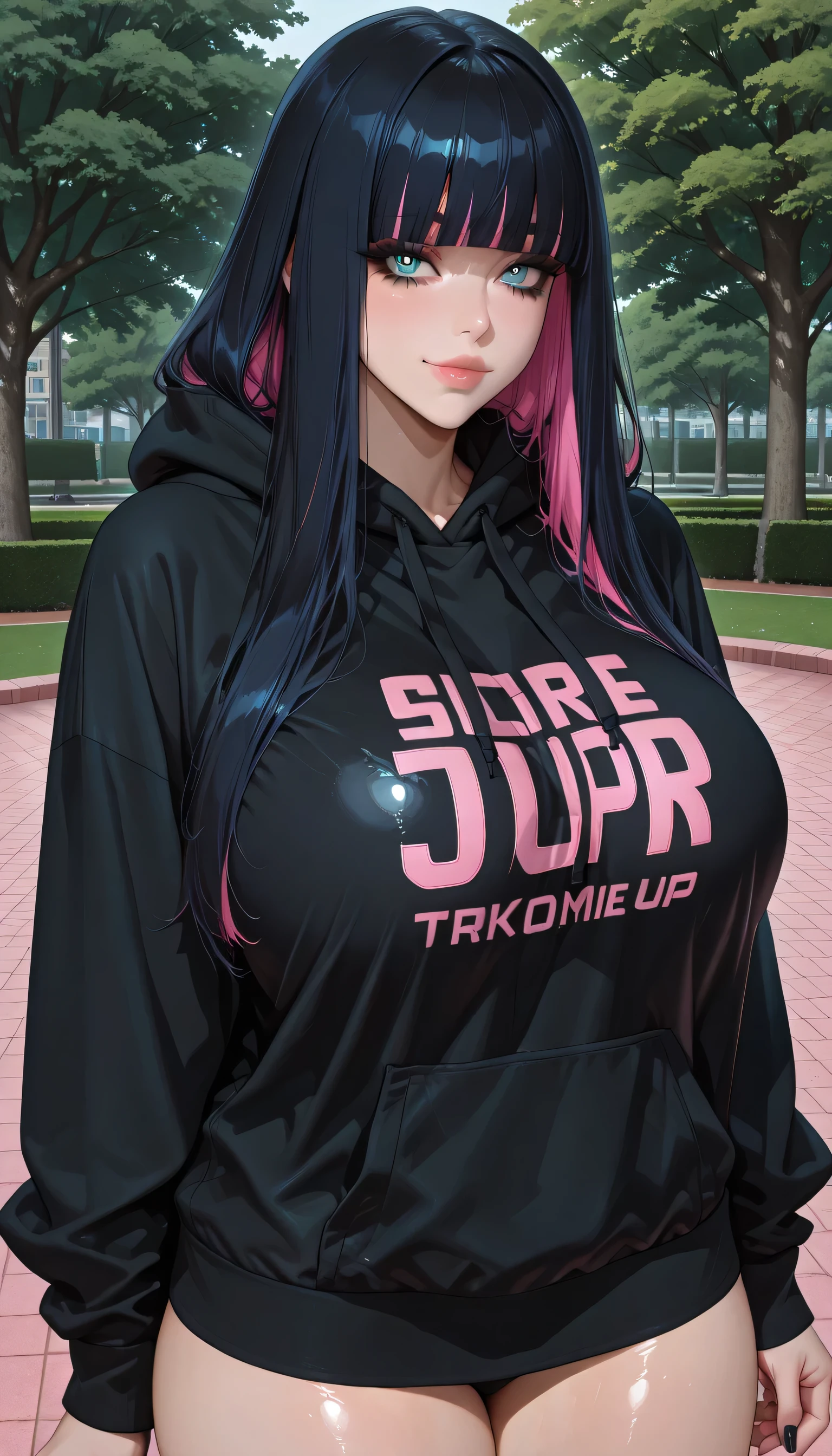 score_9, score_8_up, score_7_up,amazing quality,source_anime,morimee_style,highly detailed,cowboy shot,,from_side,shiny skin,sharp face,clear eyes,two-tone_hair,colored inner hair,1_5'57"_woman,adult woman,25 years old,break,stocking \(psg\),beautiful detailed blue_eyes,[gigantic_breasts],voluptuous_body,big eyes,Eyelash extensions,long lower eyelashes,very_long_hair,straight_hair,pink and black_hair,blunt_Bangs,delightful,happy,((Decline Clothes Are Too Big, black Hoodie,)),black eyeliner,black eyeshadow,Black nails,black_mascara,park,midnight,roonnight
