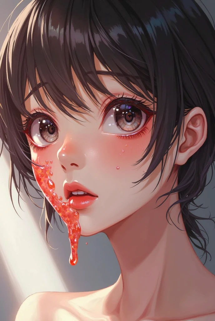 Cool guy、Look Up、Eyes wide open、Brown eyes、I have an injury on my face、White shirt、Face close-up、fear、Blood dripping down my face、Put a towel in your mouth