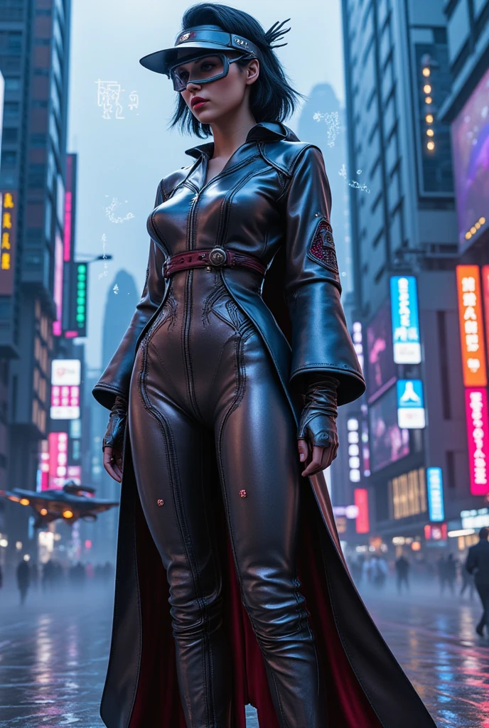 Best image quality, outstanding detail, ultra high resolution, (realism: 1.4), best illustration, prefer details, futuristic high-tech motorcycle, standing posture, Kiki posing, background is a high-tech lighting scene of futuristic city, black coat, slit, red ribbon, kiki, gigi, active,
