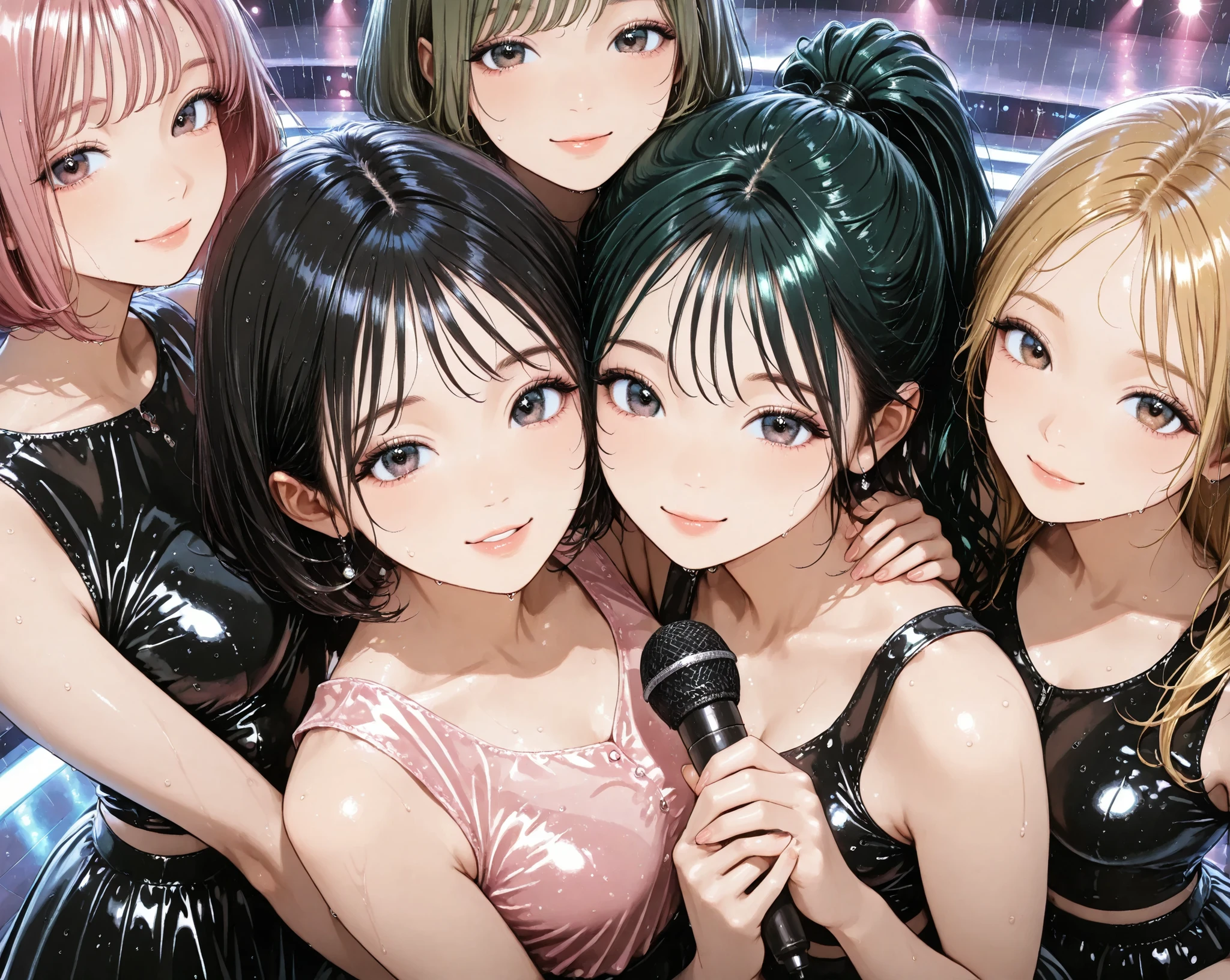 4girls,Close up,(from above),hold hand, hug each other tight ,long hair,high ponytail,short bob hair,looking viewer,black Hair, blond hair,green hair,pink hair,((glamorous)), black belly button tank top,mini black skirt, clear makeup, sing with a microphone, Live venues,wet,rainy
